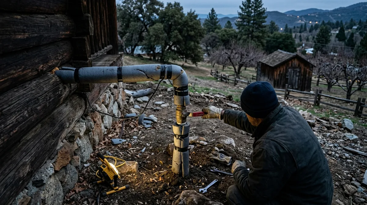 The shut-off valve at the base of a timber cabin, its exposed supply pipe wrapped in foam insulation - Emergency plumbing in Oak Glen