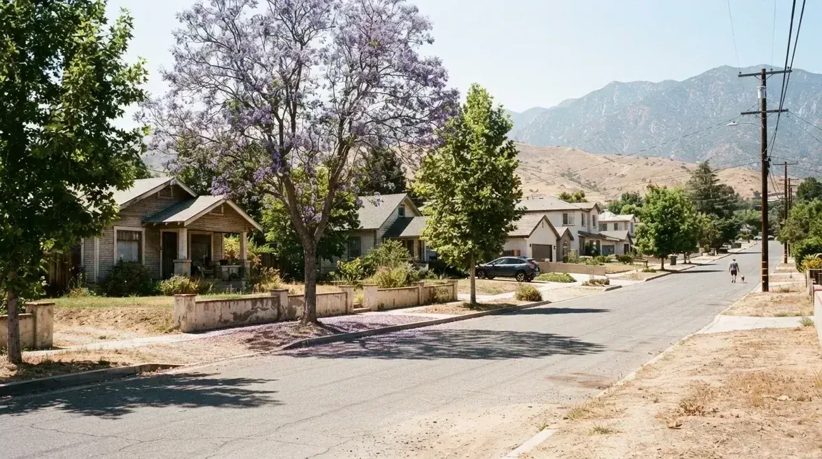 A street of craftsman bungalows under jacaranda, the mountains behind - Emergency plumbing in Redlands