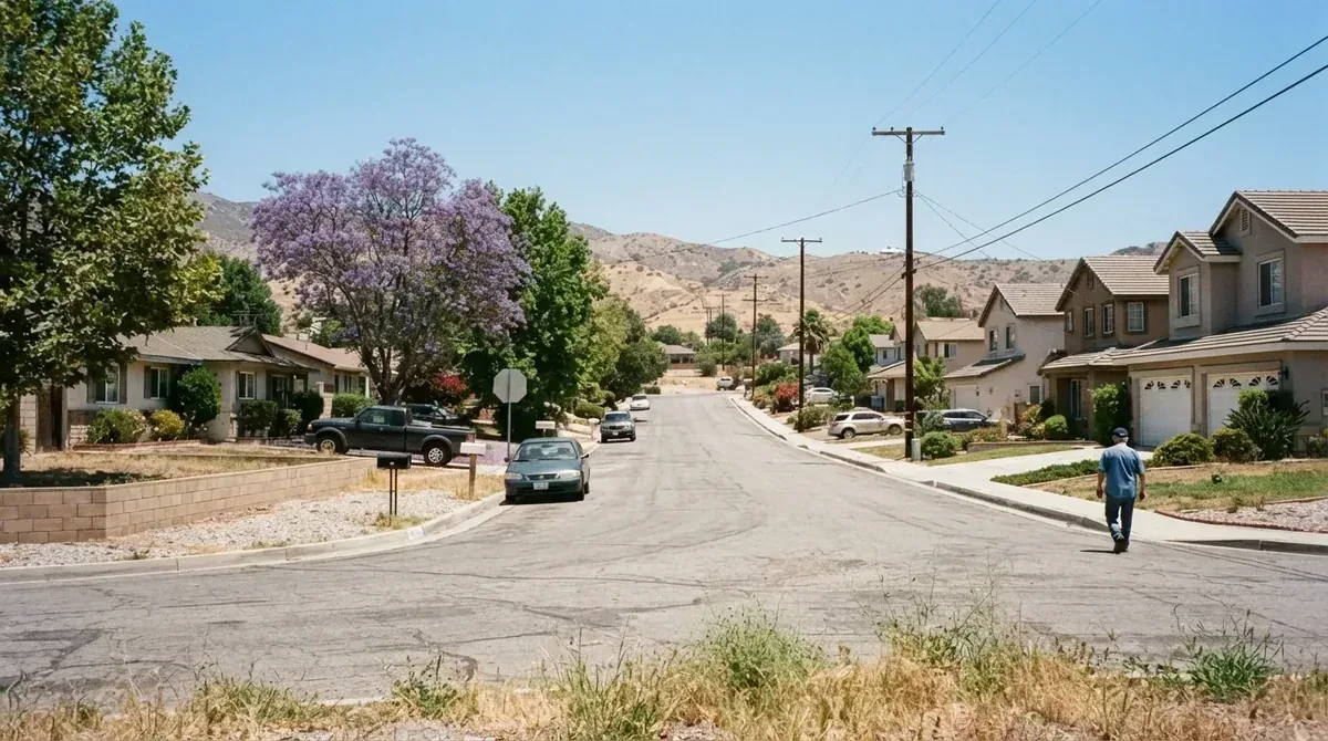 A street of ranch houses with the San Bernardino foothills behind